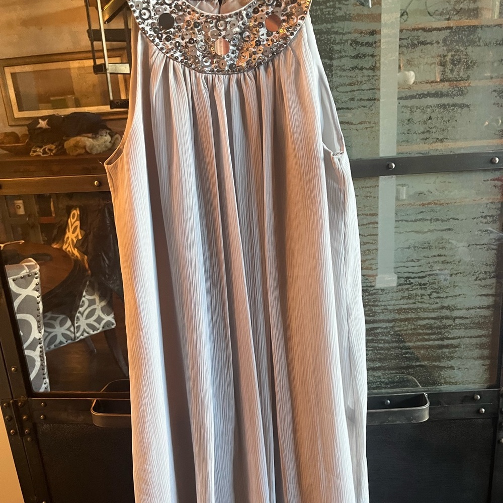 London Times Grey Pleated Cocktail Dress With Sequined Neckline.  Size 10.